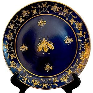 Vintage Andrea By Sedek Blue Decorators Plate with Gold Bees & Gold Trim
